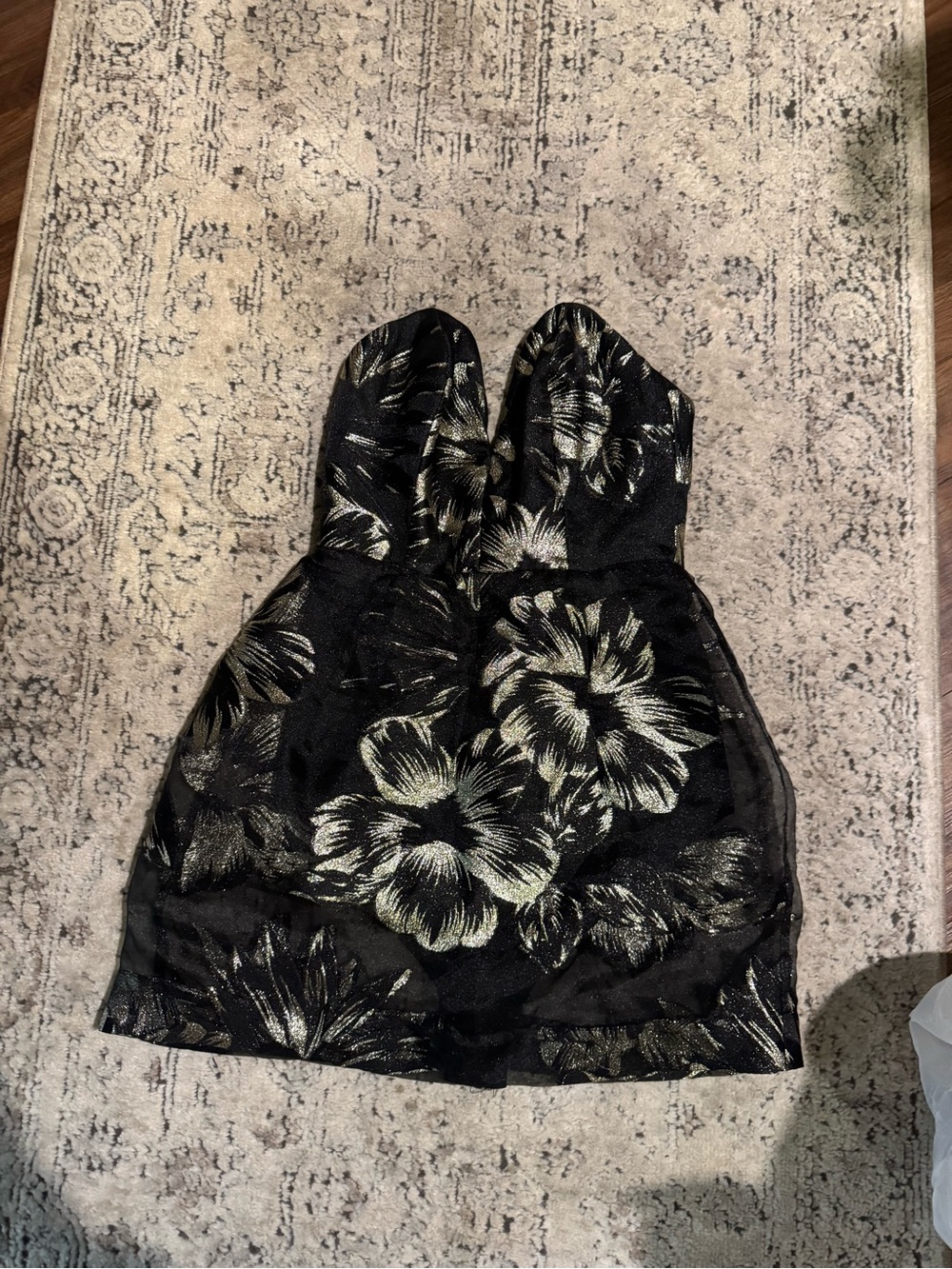 ASOS Strapless Corset bustier Sheer Black Dress with Gold Floral Lace